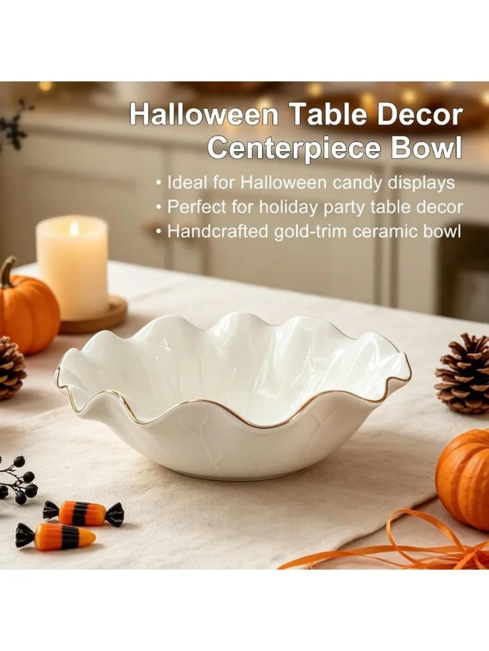 10-Inch Large Decorative Lotus Ruffle Bowl with Elegant Gold Rim Accent
